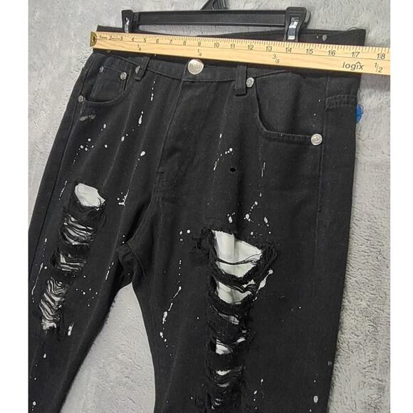 Trestyle Mens Designer Black Paint Splatter White Distressed Skinny Slim Jeans - Picture 3 of 6